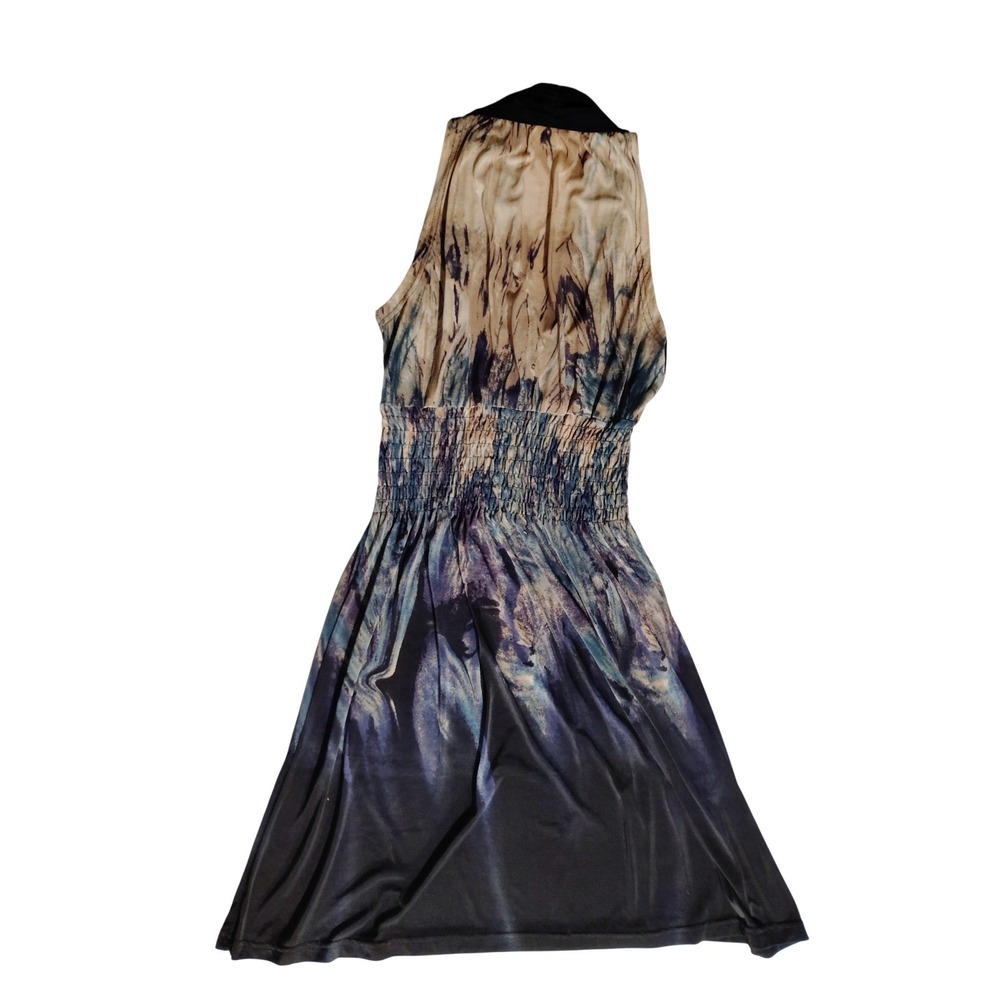 Womens Abstract Print Smocked Waist Mini Dress Black Blue Tan XXS‎ - Picture 2 of 11